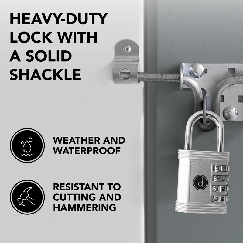 desired tools Padlock 4 Digit Combination Lock - for Gym School Locker, Outdoor Gate, Shed, Fence, and Storage - Weatherproof Metal - Keyless, Easy to Set, Resettable - Silver - Image 3